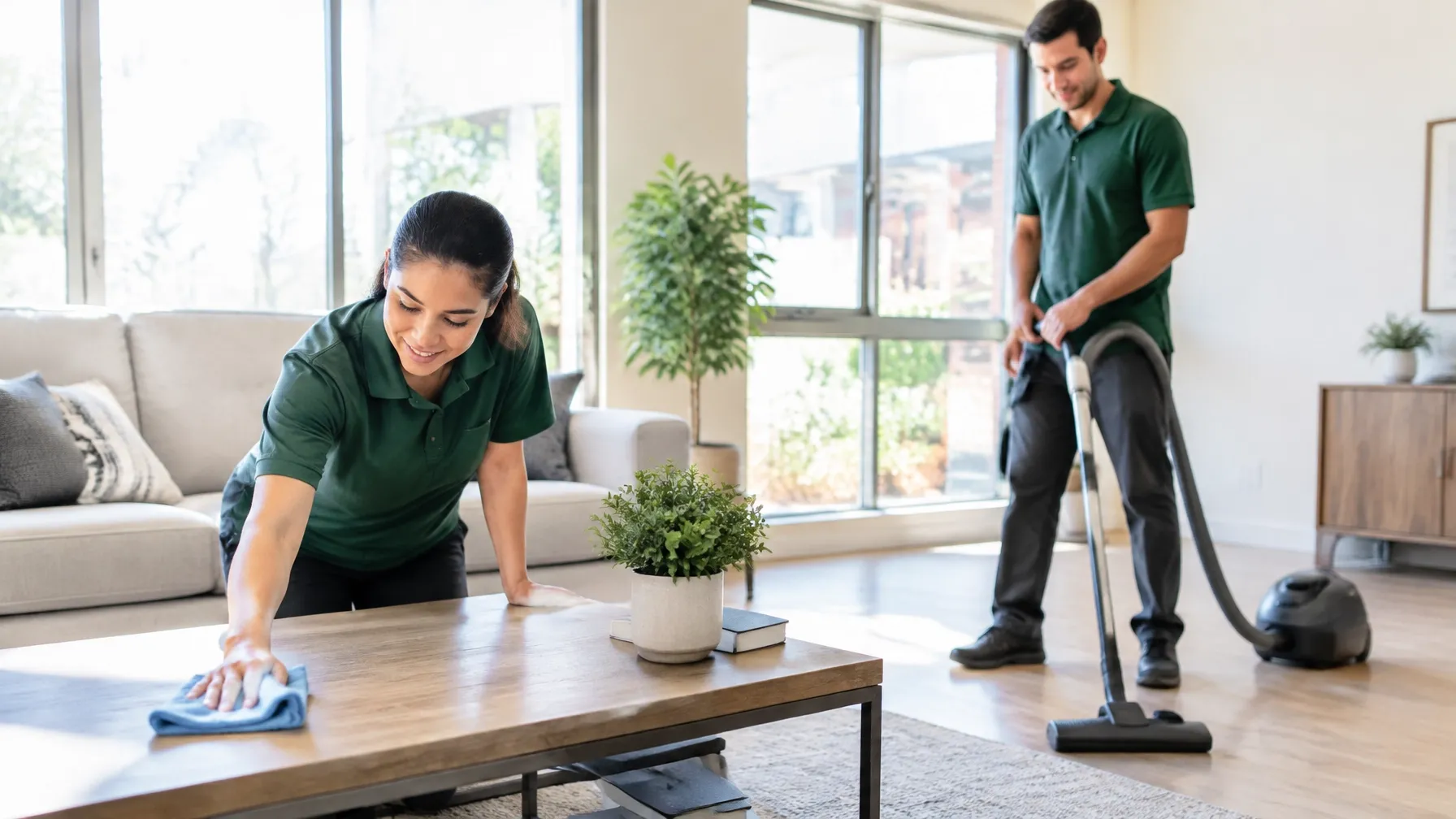 A two-person cleaning crew wiping a table and vacuuming a bright modern living room