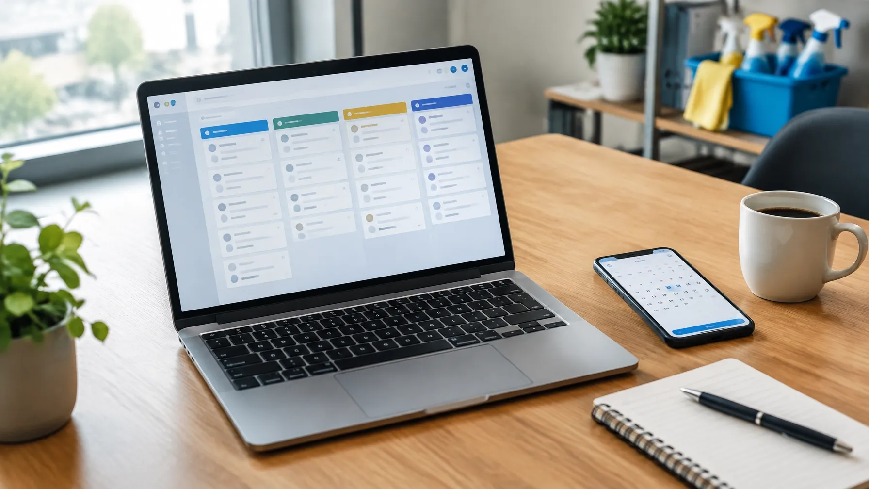 A laptop showing a customer pipeline dashboard beside a phone calendar on a tidy desk