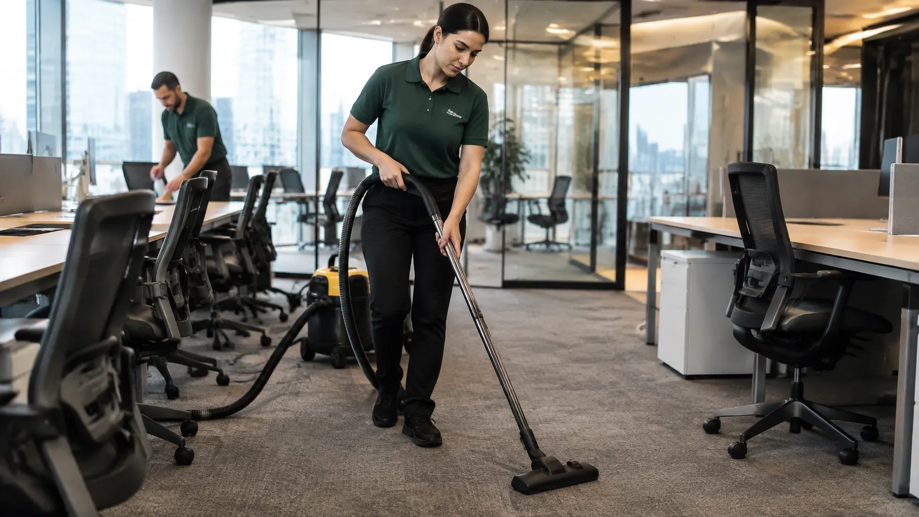 Commercial cleaning crew vacuuming a modern open-plan office after hours.