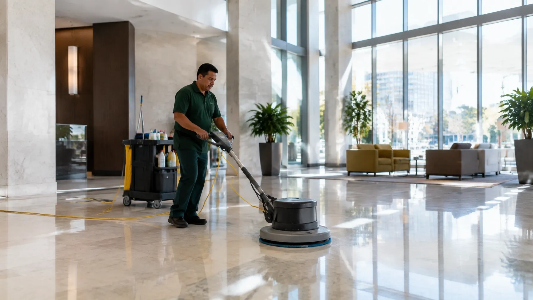 Facility maintenance worker with a cleaning cart polishing a large bright commercial lobby.